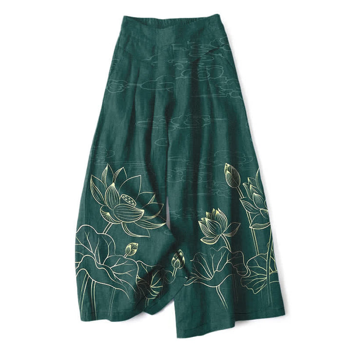 Buddha Stones Pantaloni da donna in cotone e lino con elastico in vita e gamba larga, fantasia a loto e tasche. - Verde studentesco - US16, UK/AU20, EU48 (3XL) - image 0