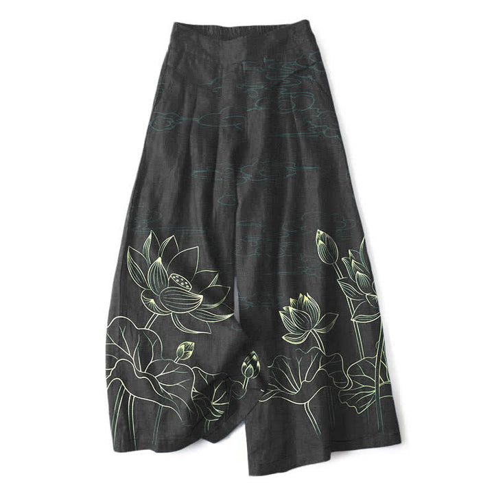 Buddha Stones Pantaloni da donna in cotone e lino con elastico in vita e gamba larga, fantasia a loto e tasche. - Nero - US16, UK/AU20, EU48 (3XL) - image 4