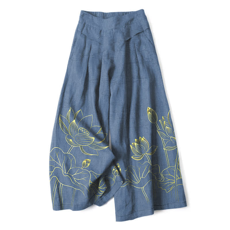 Buddha Stones Pantaloni da donna in cotone e lino con elastico in vita e gamba larga, fantasia a loto e tasche. - SteelBlue - US16, UK/AU20, EU48 (3XL) - image 6