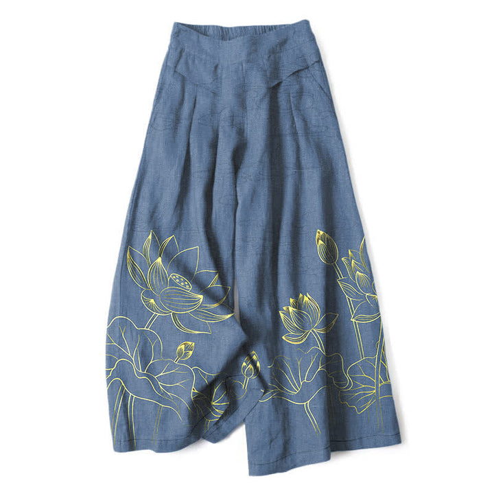 Buddha Stones Pantaloni da donna in cotone e lino con elastico in vita e gamba larga, fantasia a loto e tasche. - SteelBlue - US16, UK/AU20, EU48 (3XL) - image 6
