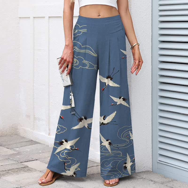 Buddha Stones Pantaloni da donna in cotone e lino con elastico in vita e gamba larga, fantasia gru e nuvole, con tasche. - image 1