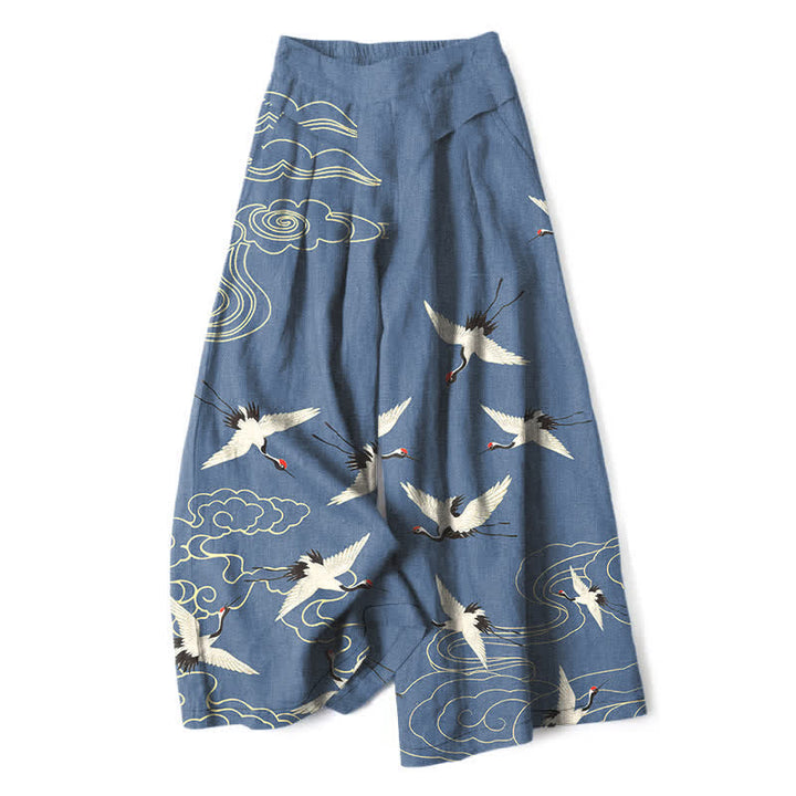 Buddha Stones Pantaloni da donna in cotone e lino con elastico in vita e gamba larga, fantasia gru e nuvole, con tasche. - SteelBlue - US16, UK/AU20, EU48 (3XL) - image 0
