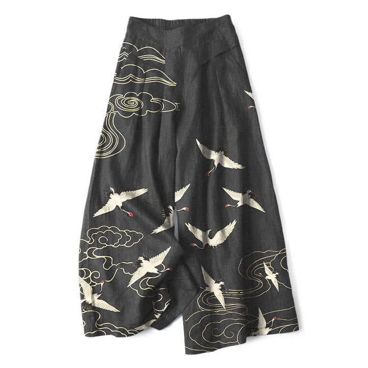 Buddha Stones Pantaloni da donna in cotone e lino con elastico in vita e gamba larga, fantasia gru e nuvole, con tasche. - Nero - US16, UK/AU20, EU48 (3XL) - image 4