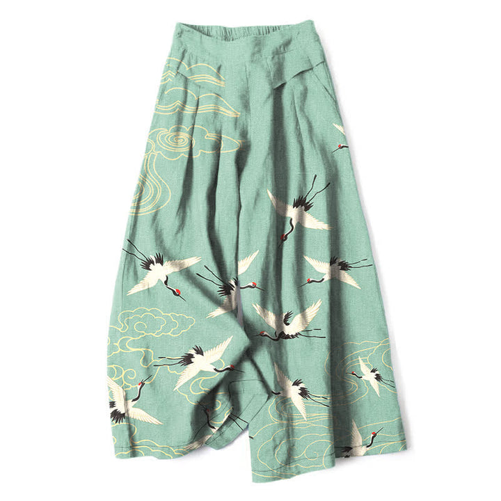 Buddha Stones Pantaloni da donna in cotone e lino con elastico in vita e gamba larga, fantasia gru e nuvole, con tasche. - Acquamarina media - US16, UK/AU20, EU48 (3XL) - image 6