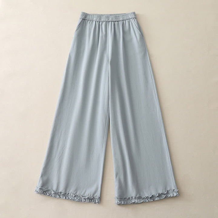 Buddha Stones Pantaloni da donna a gamba larga, in cotone tinta unita, con orlo a volant e tasche, perfetti per la primavera. - image 1
