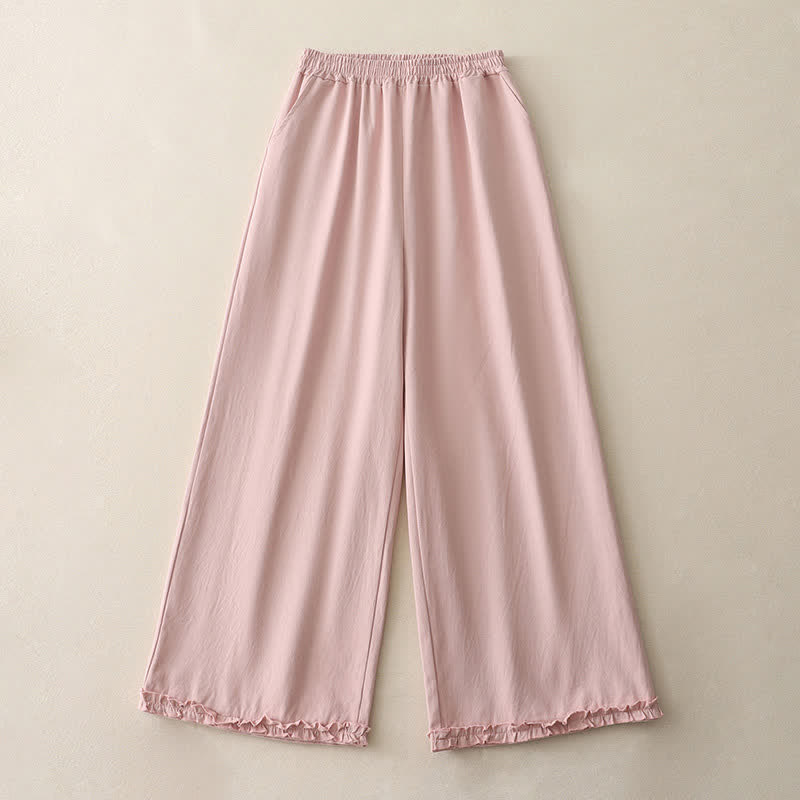 Buddha Stones Pantaloni da donna a gamba larga, in cotone tinta unita, con orlo a volant e tasche, perfetti per la primavera. - image 14