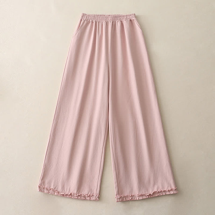 Buddha Stones Pantaloni da donna a gamba larga, in cotone tinta unita, con orlo a volant e tasche, perfetti per la primavera. - image 14