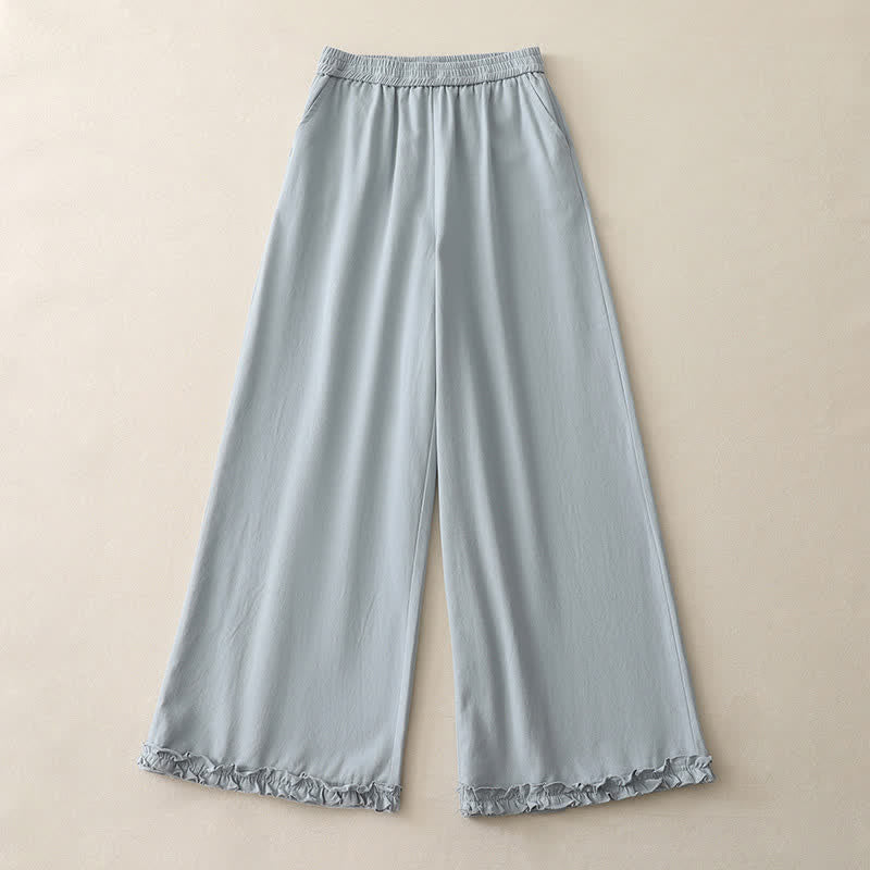 Buddha Stones Pantaloni da donna a gamba larga, in cotone tinta unita, con orlo a volant e tasche, perfetti per la primavera. - image 0