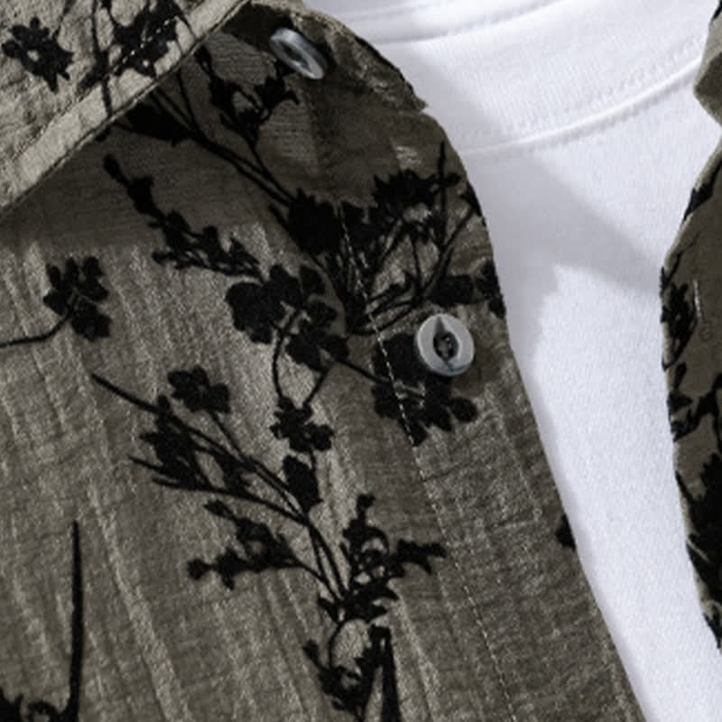 Buddha Stones Camicia da uomo estiva casual a maniche corte con stampa floreale e taschino decorativo. - image 2