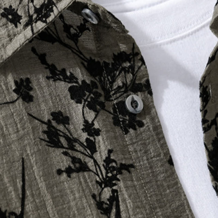 Buddha Stones Camicia da uomo estiva casual a maniche corte con stampa floreale e taschino decorativo. - image 2