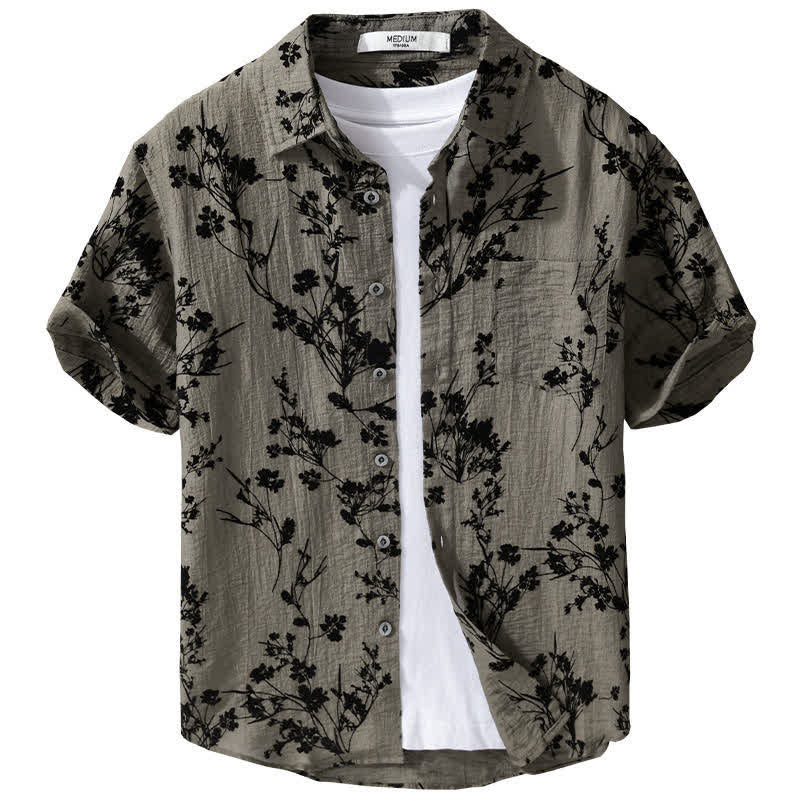 Buddha Stones Camicia da uomo estiva casual a maniche corte con stampa floreale e taschino decorativo. - image 1