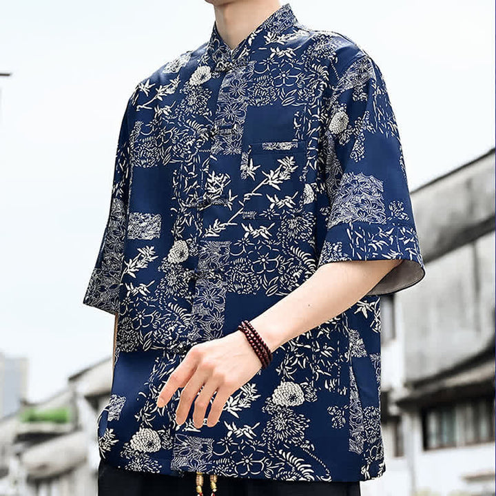 Buddha Stones Camicia da uomo a maniche a tre quarti con taschino sul petto, modello Summer Tang Style con bottoni a rana, stampa floreale, foglie e farfalle. - image 11