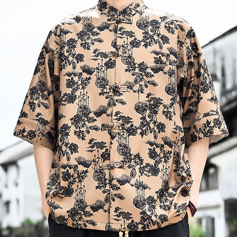 Buddha Stones Camicia da uomo a maniche a tre quarti con taschino sul petto, modello Summer Tang Style con bottoni a rana, stampa floreale, foglie e farfalle. - image 16