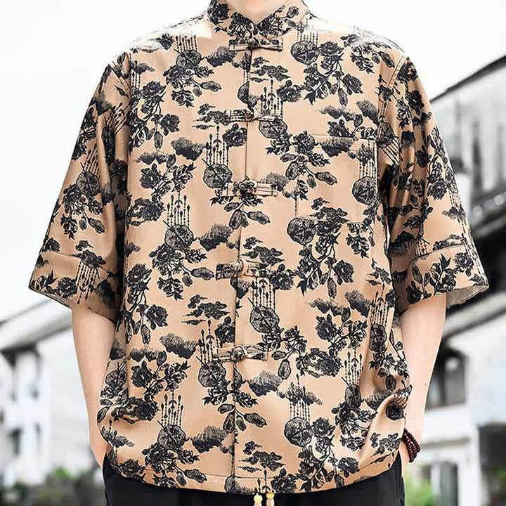 Buddha Stones Camicia da uomo a maniche a tre quarti con taschino sul petto, modello Summer Tang Style con bottoni a rana, stampa floreale, foglie e farfalle. - image 16