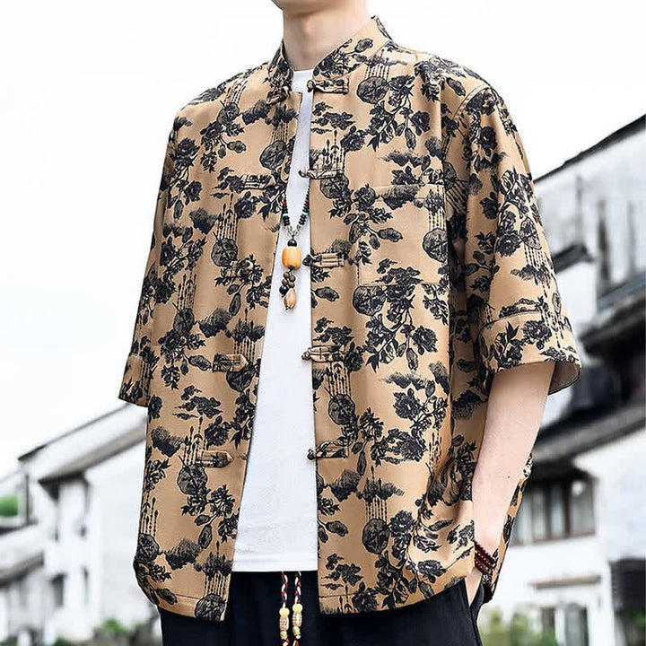Buddha Stones Camicia da uomo a maniche a tre quarti con taschino sul petto, modello Summer Tang Style con bottoni a rana, stampa floreale, foglie e farfalle. - Legno robusto - US/UK/AU46, EU56 (5XL) - image 13