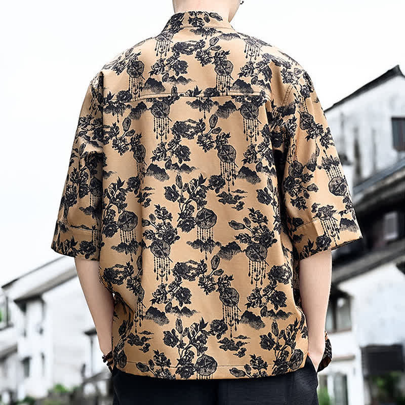 Buddha Stones Camicia da uomo a maniche a tre quarti con taschino sul petto, modello Summer Tang Style con bottoni a rana, stampa floreale, foglie e farfalle. - image 14