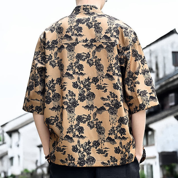 Buddha Stones Camicia da uomo a maniche a tre quarti con taschino sul petto, modello Summer Tang Style con bottoni a rana, stampa floreale, foglie e farfalle. - image 14