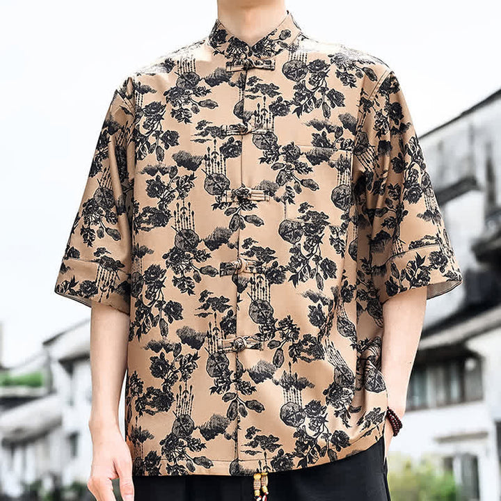 Buddha Stones Camicia da uomo a maniche a tre quarti con taschino sul petto, modello Summer Tang Style con bottoni a rana, stampa floreale, foglie e farfalle. - image 17
