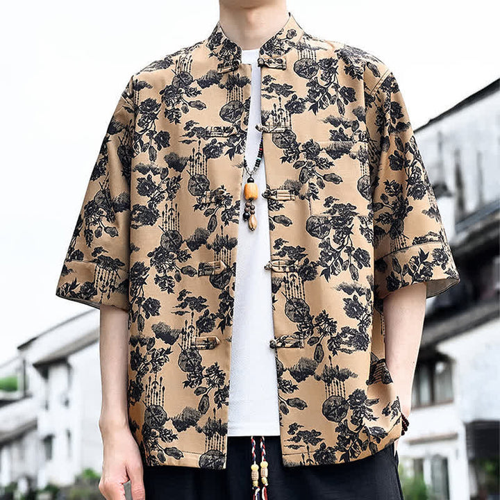 Buddha Stones Camicia da uomo a maniche a tre quarti con taschino sul petto, modello Summer Tang Style con bottoni a rana, stampa floreale, foglie e farfalle. - image 15