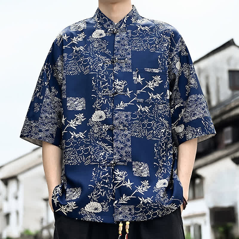 Buddha Stones Camicia da uomo a maniche a tre quarti con taschino sul petto, modello Summer Tang Style con bottoni a rana, stampa floreale, foglie e farfalle. - image 10