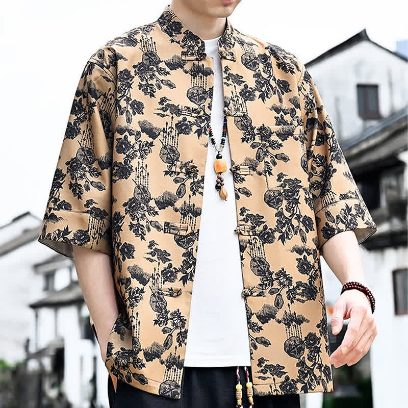 Buddha Stones Camicia da uomo a maniche a tre quarti con taschino sul petto, modello Summer Tang Style con bottoni a rana, stampa floreale, foglie e farfalle. - image 18