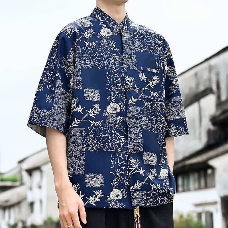 Buddha Stones Camicia da uomo a maniche a tre quarti con taschino sul petto, modello Summer Tang Style con bottoni a rana, stampa floreale, foglie e farfalle. - image 8