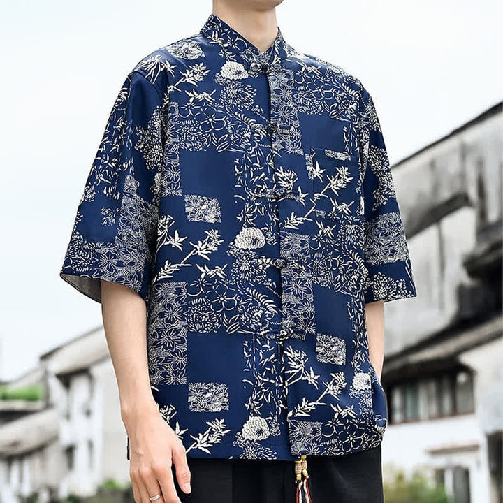 Buddha Stones Camicia da uomo a maniche a tre quarti con taschino sul petto, modello Summer Tang Style con bottoni a rana, stampa floreale, foglie e farfalle. - image 8