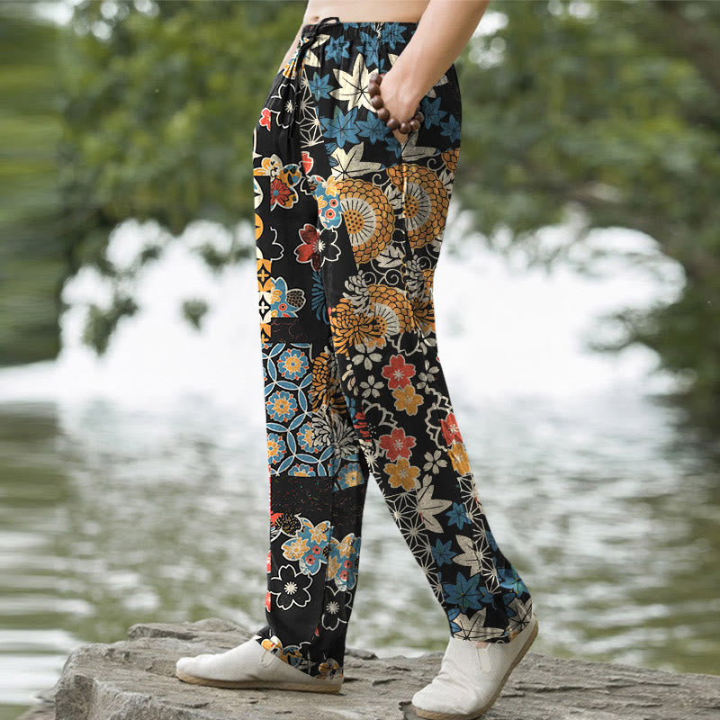 Buddha Stones Pantaloni da uomo affusolati in cotone con motivo patchwork floreale in stile bohémien e tasche. - image 1