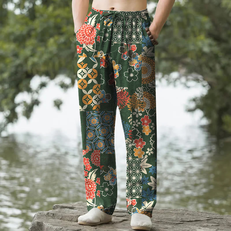 Buddha Stones Pantaloni da uomo affusolati in cotone con motivo patchwork floreale in stile bohémien e tasche. - Verde studentesco - US/UK/AU50, EU60 (5XL) - image 4
