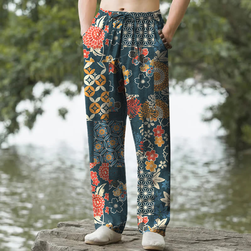 Buddha Stones Pantaloni da uomo affusolati in cotone con motivo patchwork floreale in stile bohémien e tasche. - Verde acqua - US/UK/AU50, EU60 (5XL) - image 6