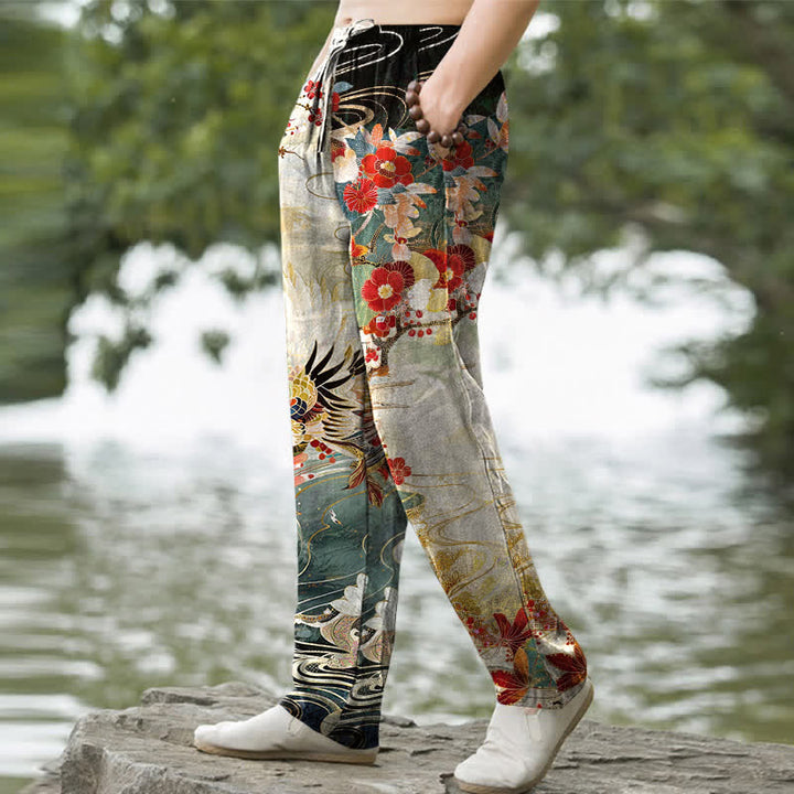 Buddha Stones Pantaloni da uomo affusolati in cotone bianco con motivo a onde e stampa gru, con tasche. - image 1