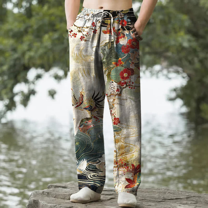 Buddha Stones Pantaloni da uomo affusolati in cotone bianco con motivo a onde e stampa gru, con tasche. - Beige - US/UK/AU50, EU60 (5XL) - image 0