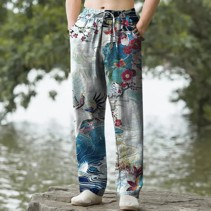 Buddha Stones Pantaloni da uomo affusolati in cotone bianco con motivo a onde e stampa gru, con tasche. - Turchese - US/UK/AU50, EU60 (5XL) - image 4