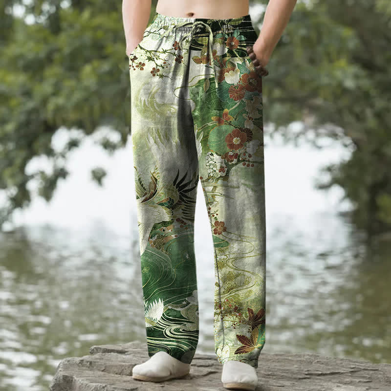 Buddha Stones Pantaloni da uomo affusolati in cotone bianco con motivo a onde e stampa gru, con tasche. - Verde studentesco - US/UK/AU50, EU60 (5XL) - image 6