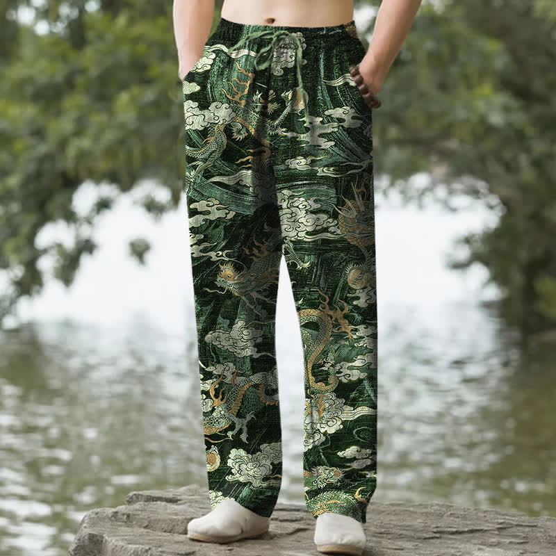 Buddha Stones Pantaloni da uomo affusolati in cotone con motivo drago e nuvole, con tasche. - Verde studentesco - US/UK/AU50, EU60 (5XL) - image 6