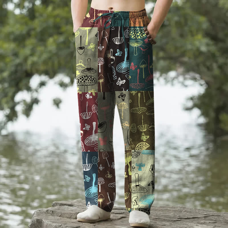 Buddha Stones Pantaloni da uomo affusolati in cotone con motivo botanico a funghi e tasche. - Verde scuro - US/UK/AU50, EU60 (5XL) - image 0