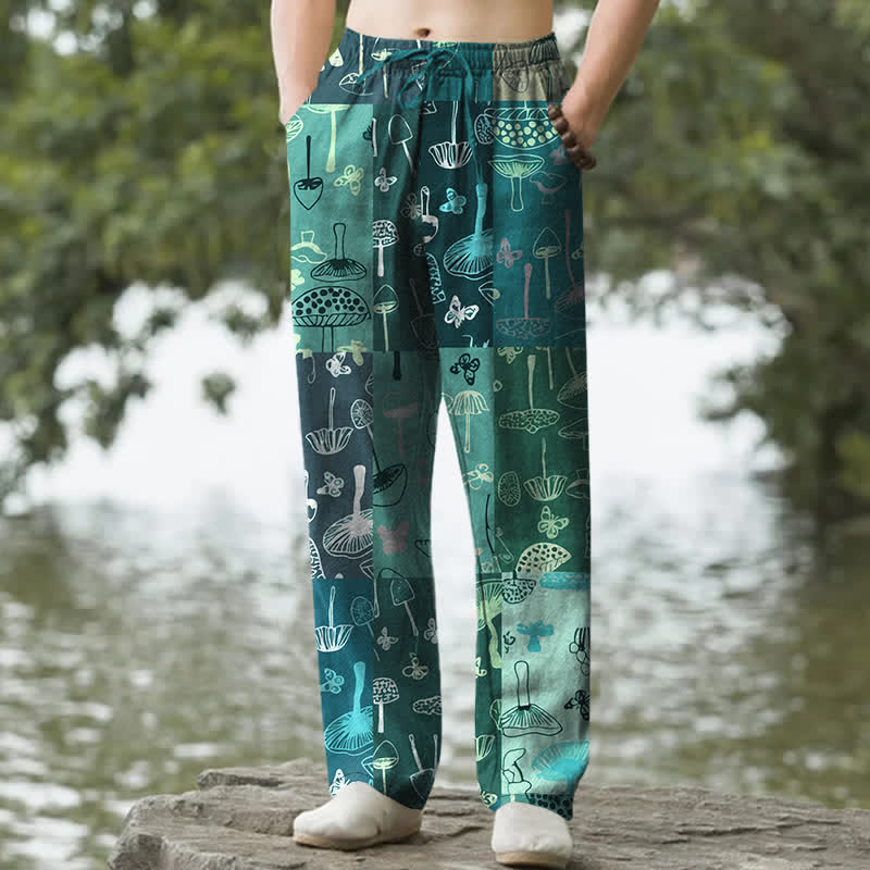 Buddha Stones Pantaloni da uomo affusolati in cotone con motivo botanico a funghi e tasche. - Verde acqua - US/UK/AU50, EU60 (5XL) - image 6