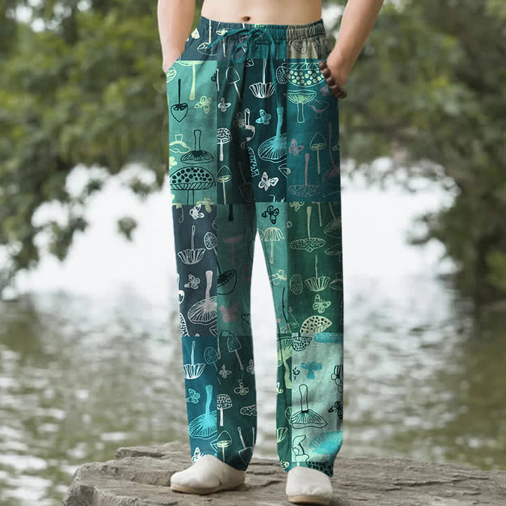 Buddha Stones Pantaloni da uomo affusolati in cotone con motivo botanico a funghi e tasche. - Verde acqua - US/UK/AU50, EU60 (5XL) - image 6