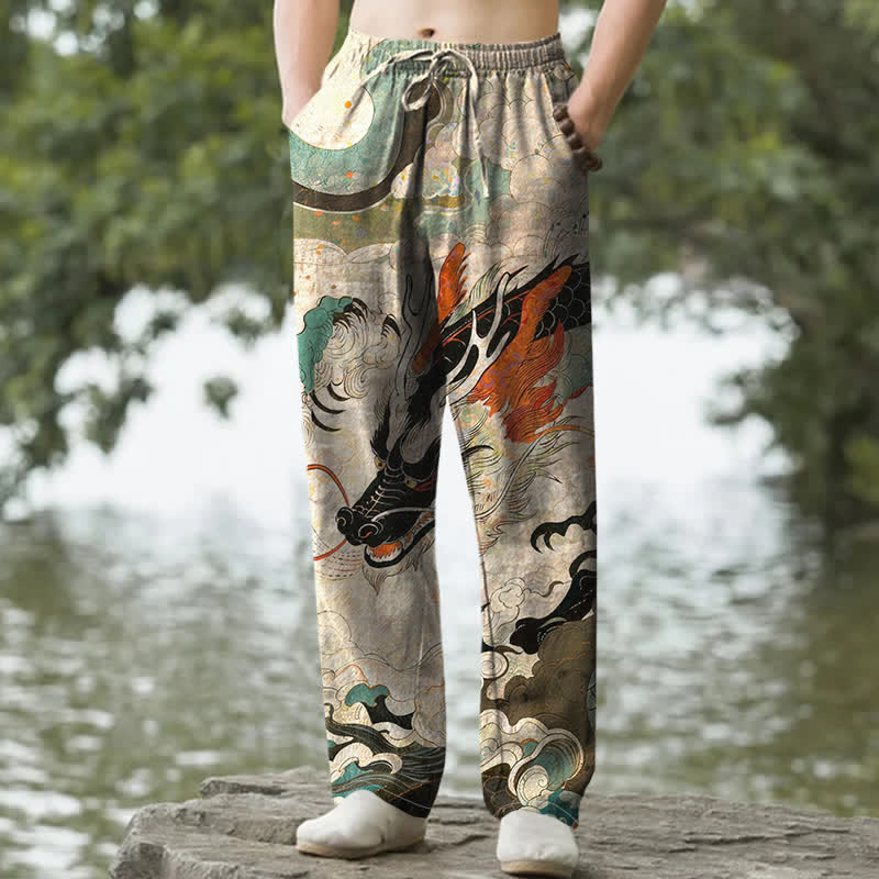 Buddha Stones Pantaloni da uomo affusolati in cotone con motivo a onde di drago orientale e tasche. - Beige - US/UK/AU50, EU60 (5XL) - image 0