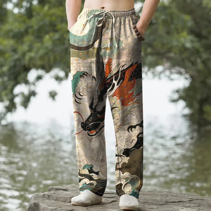 Buddha Stones Pantaloni da uomo affusolati in cotone con motivo a onde di drago orientale e tasche. - Beige - US/UK/AU50, EU60 (5XL) - image 0