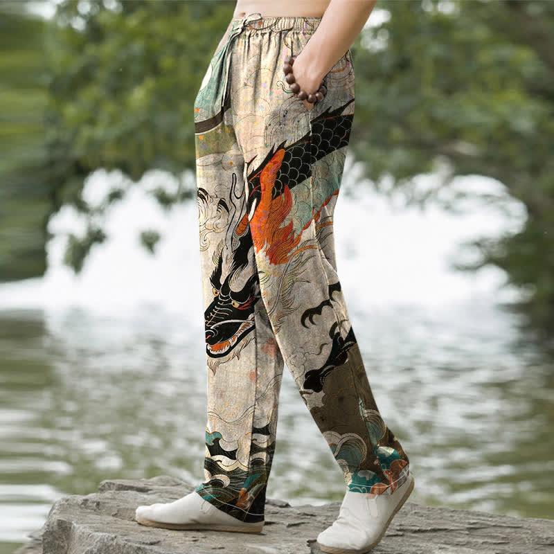 Buddha Stones Pantaloni da uomo affusolati in cotone con motivo a onde di drago orientale e tasche. - image 1