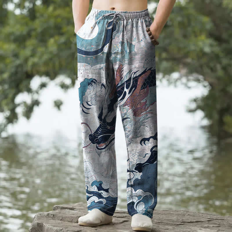 Buddha Stones Pantaloni da uomo affusolati in cotone con motivo a onde di drago orientale e tasche. - Grigio chiaro - US/UK/AU50, EU60 (5XL) - image 4