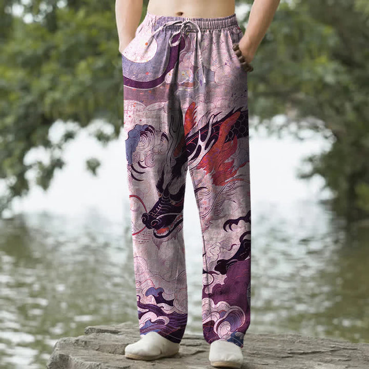 Buddha Stones Pantaloni da uomo affusolati in cotone con motivo a onde di drago orientale e tasche. - Prugna - US/UK/AU50, EU60 (5XL) - image 6