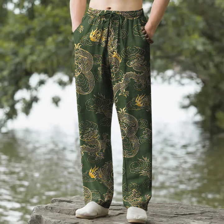 Buddha Stones Pantaloni da uomo affusolati in cotone con motivo drago dorato e nuvole, con tasche. - Verde studentesco - US/UK/AU50, EU60 (5XL) - image 4
