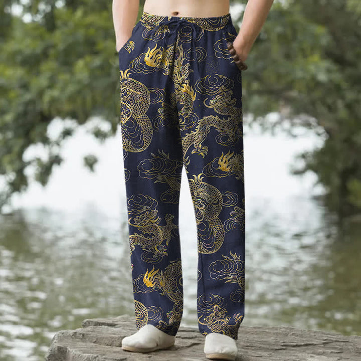 Buddha Stones Pantaloni da uomo affusolati in cotone con motivo drago dorato e nuvole, con tasche. - Marina - US/UK/AU50, EU60 (5XL) - image 6
