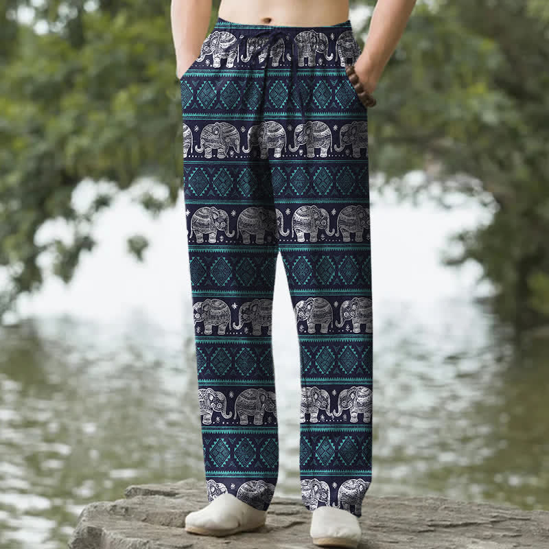 Buddha Stones Pantaloni da uomo affusolati in cotone con motivo a righe geometriche e elefante, con tasche. - Marina - US/UK/AU50, EU60 (5XL) - image 0