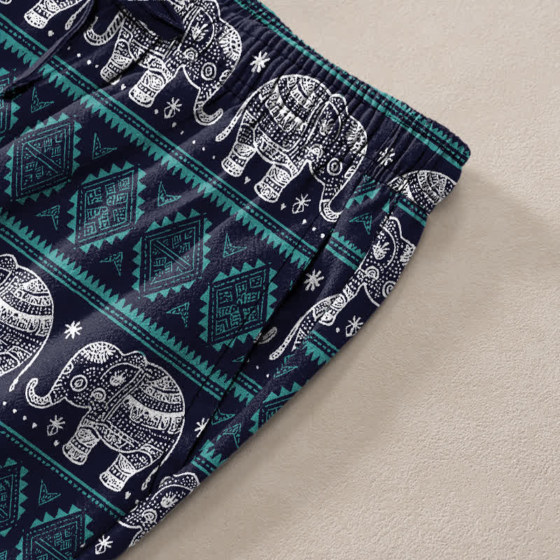 Buddha Stones Pantaloni da uomo affusolati in cotone con motivo a righe geometriche e elefante, con tasche. - image 3