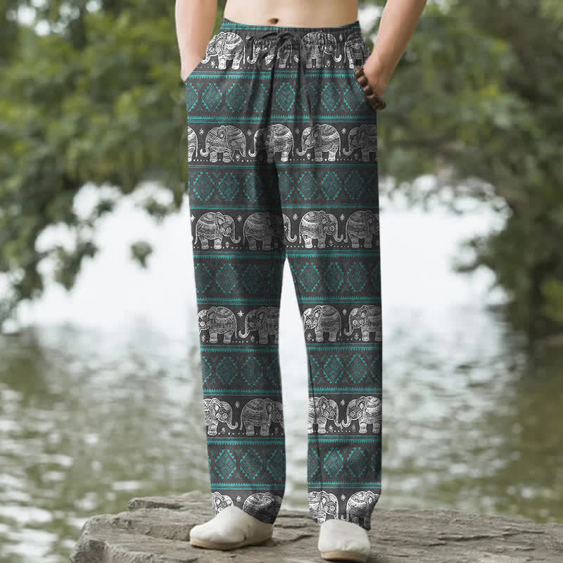Buddha Stones Pantaloni da uomo affusolati in cotone con motivo a righe geometriche e elefante, con tasche. - Verde acqua - US/UK/AU50, EU60 (5XL) - image 4
