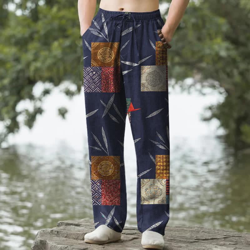 Buddha Stones Pantaloni da uomo affusolati in cotone stile bohémien con motivo a foglie patchwork e tasche. - Marina - US/UK/AU50, EU60 (5XL) - image 0