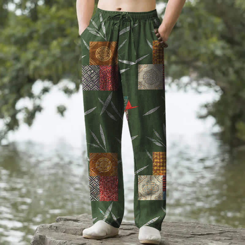 Buddha Stones Pantaloni da uomo affusolati in cotone stile bohémien con motivo a foglie patchwork e tasche. - Verde studentesco - US/UK/AU50, EU60 (5XL) - image 4
